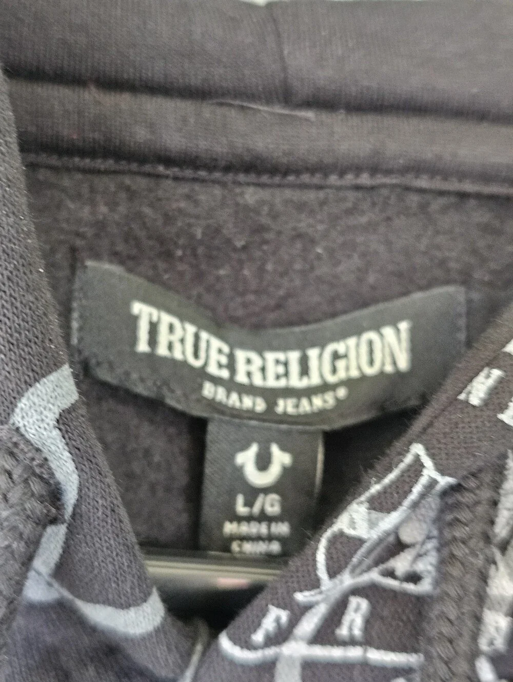 True Religion Men's L Buddha & World Tour Ticket Allover Print Hooded Pullover